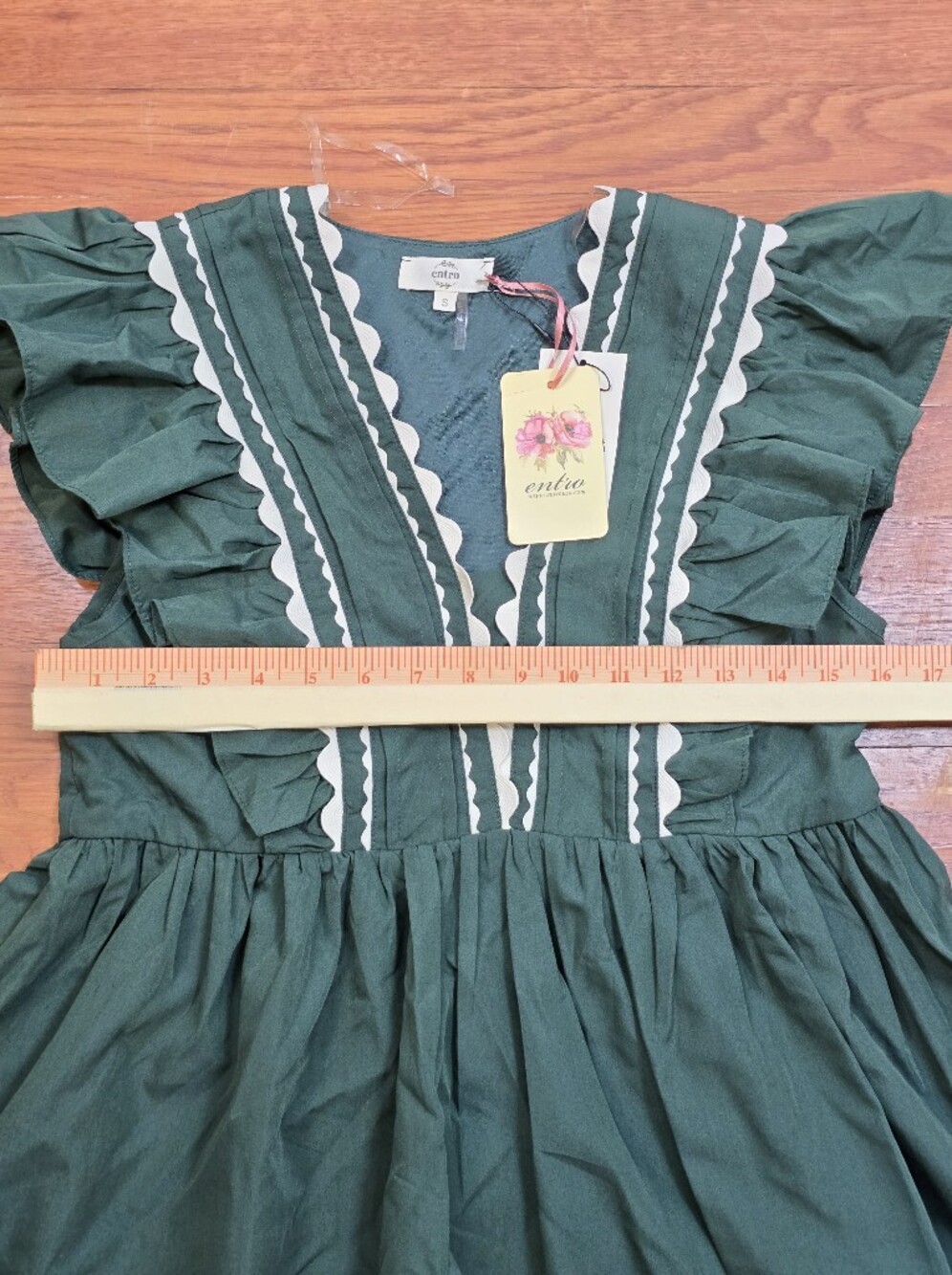 Entro Green Ric Rac Ruffle V Neck Babydoll Blouse Top Sz.S Pemplum Cottagecore - Picture 12 of 13